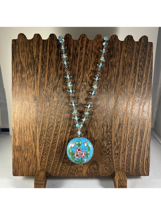 Jewelry - Handcrafted Blue Floral Pendant Necklace With Glass Beads & Adjustable Chain